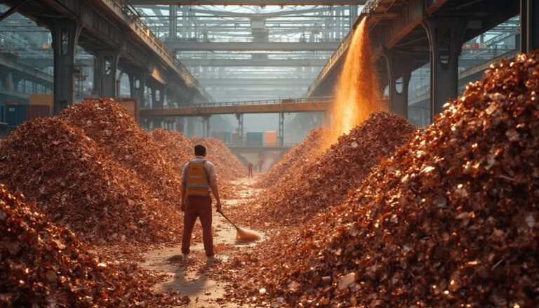 Worker sweeping between piles of metal scrap in a large industrial warehouse with orange light.