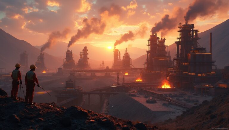 Industrial copper smelting plant at sunset.