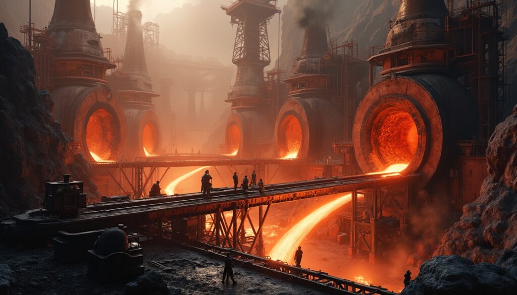 Industrial scene with molten metal flowing from large furnaces, workers on a platform, and smokey air.