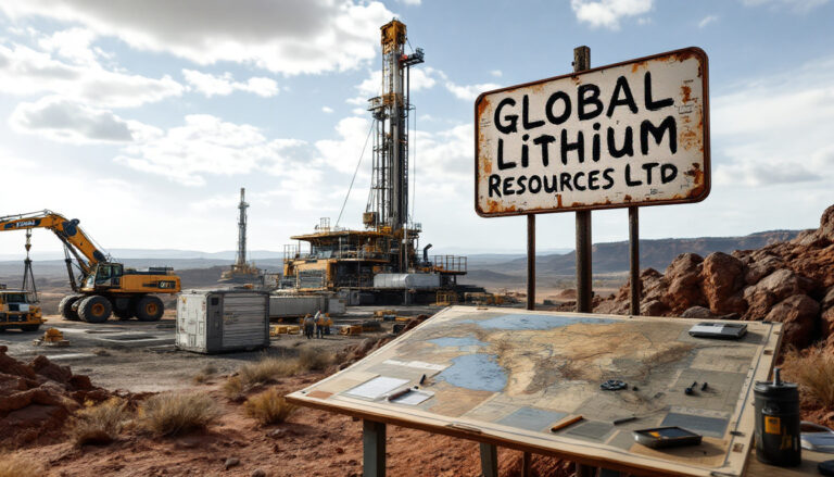 Global Lithium Resources Ltd-GL1-Lithium mining site with equipment and a Global Lithium Resources Ltd sign in a desert landscape.