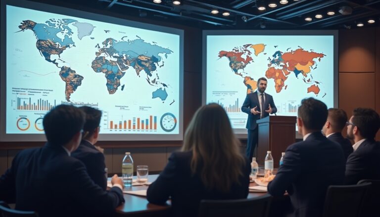 Conference room presentation with speaker, world maps, and charts on screens.