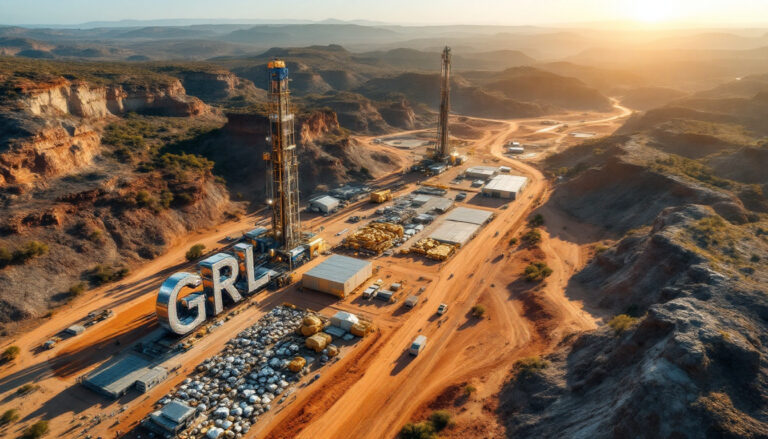 Godolphin Resources Ltd-GRL-Aerial view of an industrial site with machinery in a desert landscape at sunset.