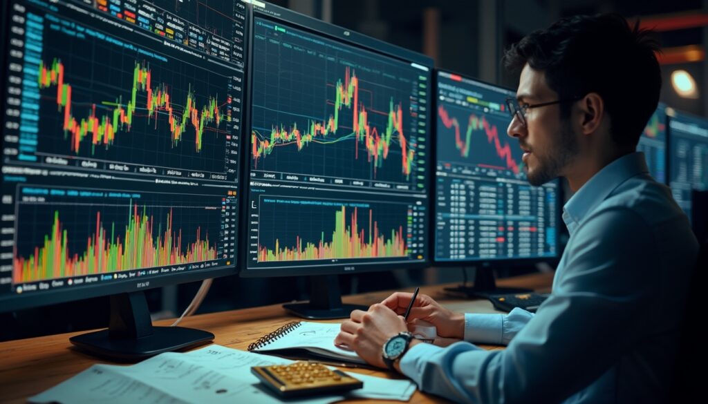 Trader analyzing stock market charts on multiple monitors.