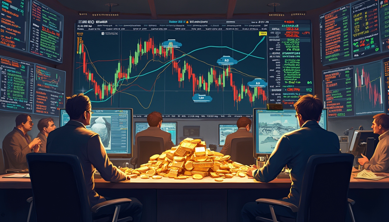 Traders analyze market data on screens with a pile of gold bars and coins on the table.