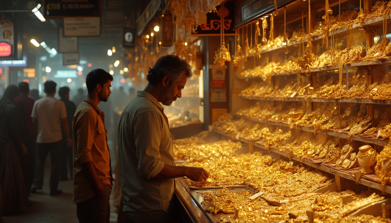 Man browsing gold jewelry in market.