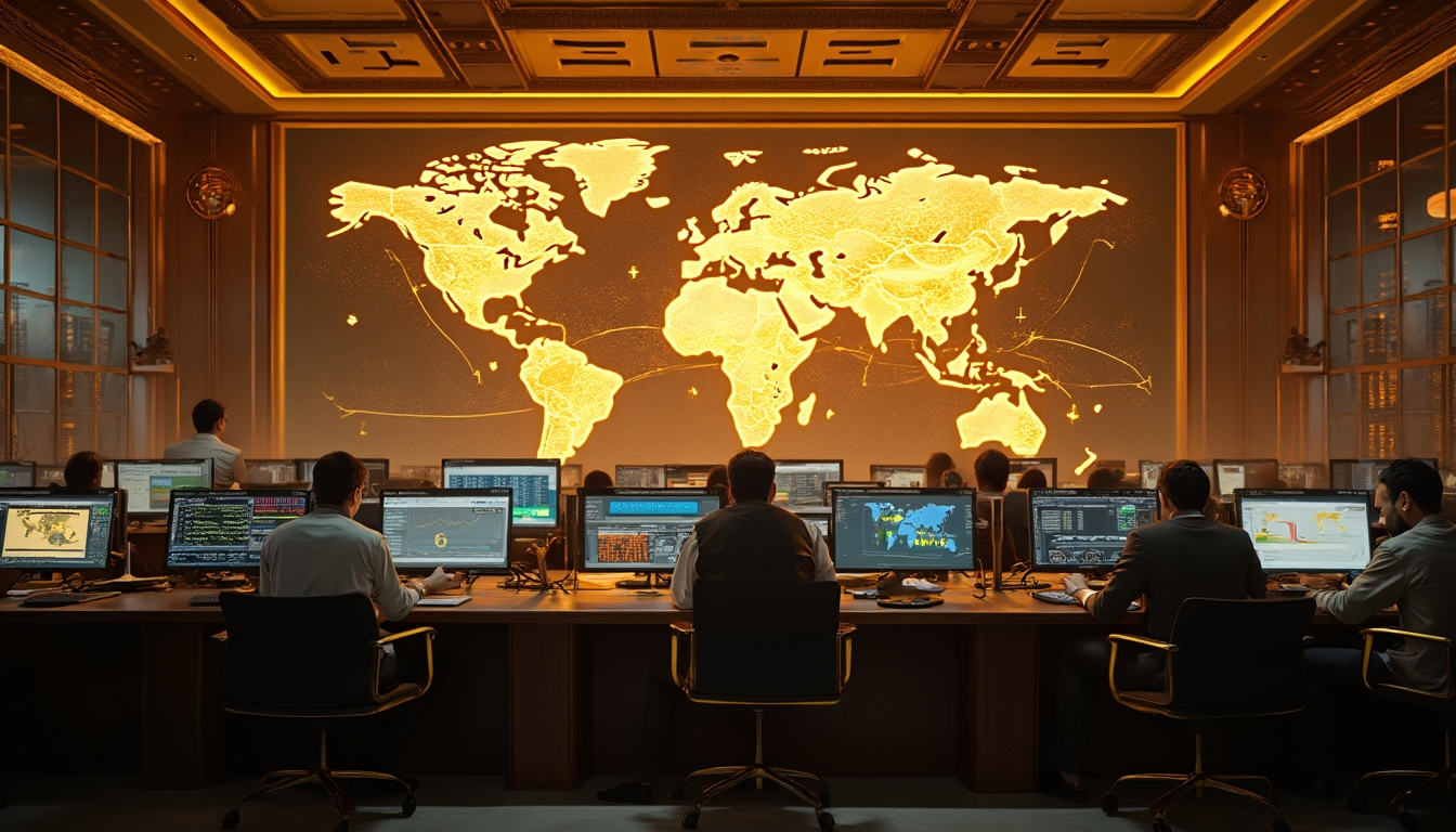 Global trading room analyzing gold market.