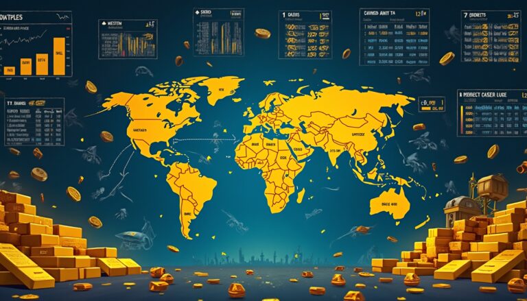 World map with data charts and floating coins, surrounded by stacks of gold bars.