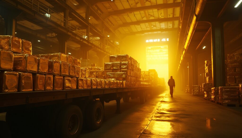 Stacks of gold bars in warehouse.