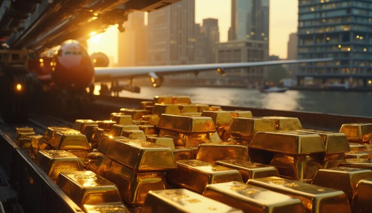 Gold bars on a conveyor belt with a plane and city skyline in the background at sunset.