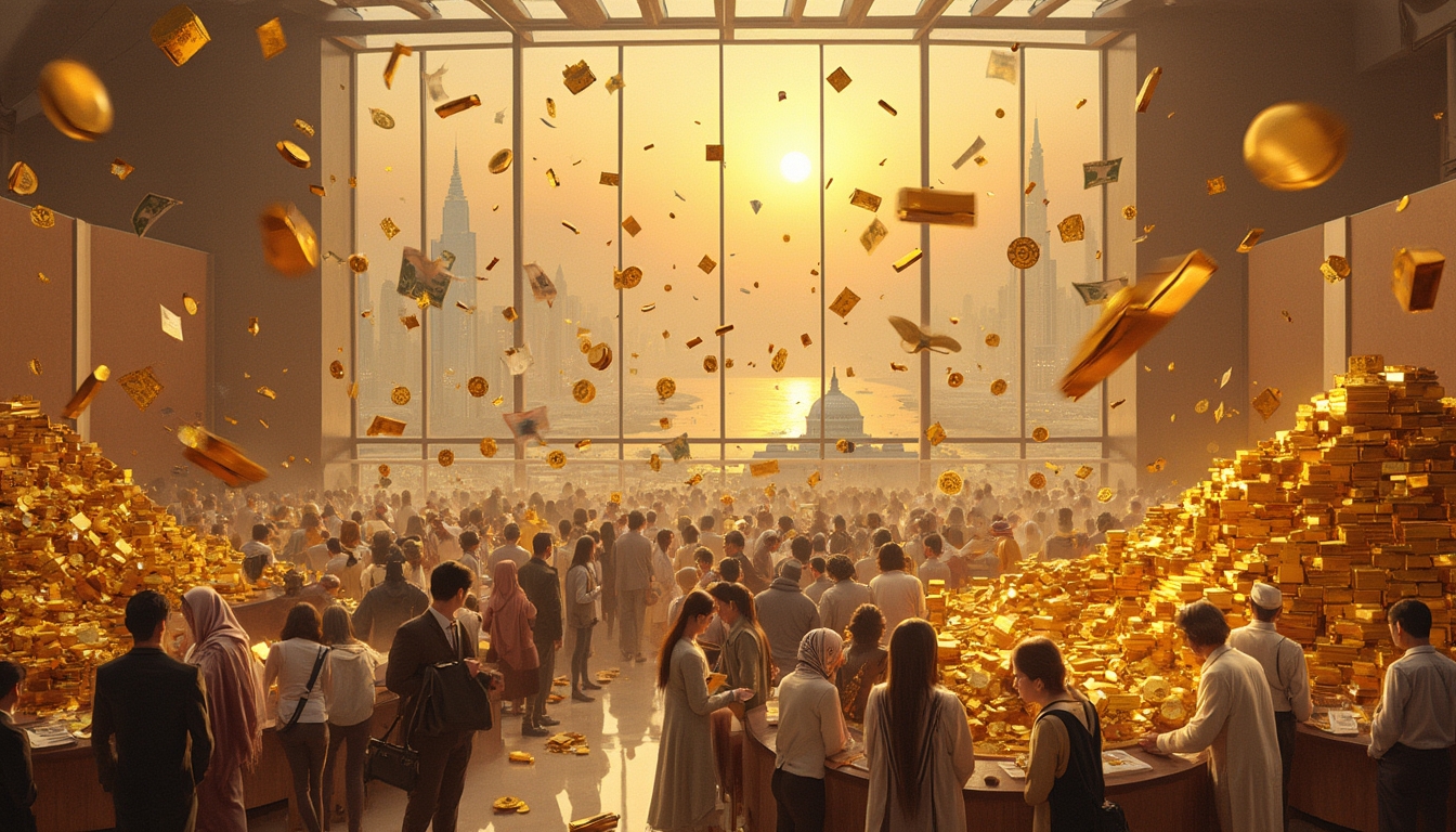 Crowd in a grand hall filled with flying gold coins and bars, against a sunset city skyline.