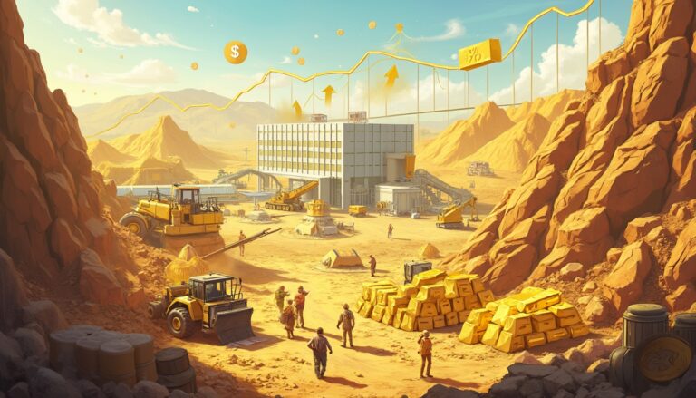 Desert mining site with gold bars, trucks, and workers. Graphs and dollar symbol in the sky.