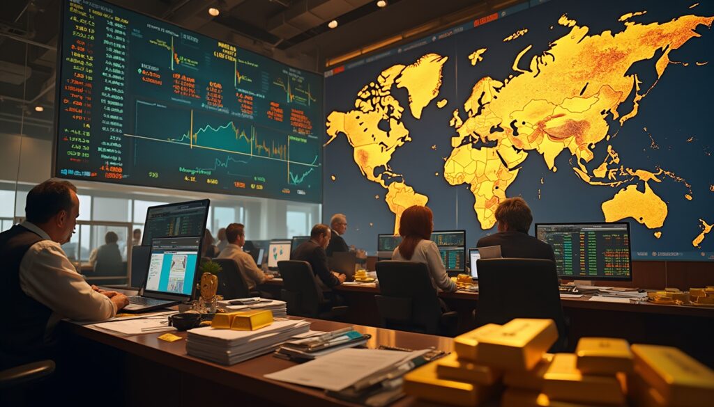 People working in a modern financial office with large screens showing data and a world map.