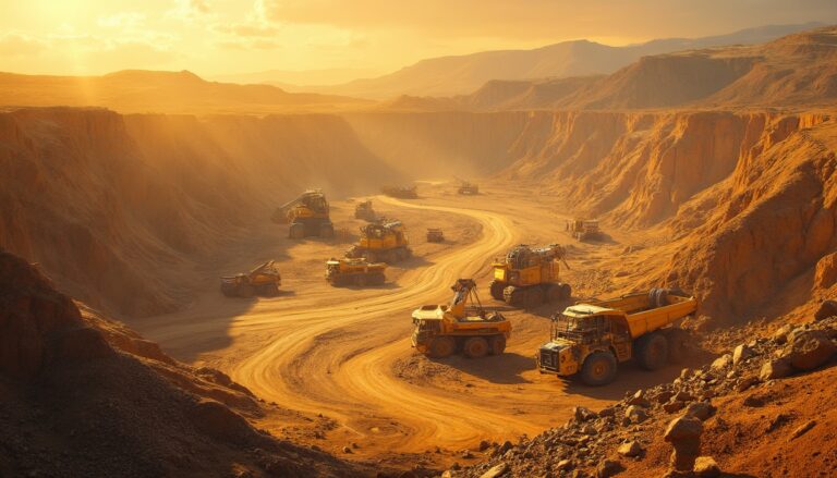 Excavators and trucks in a sunlit, rocky canyon.