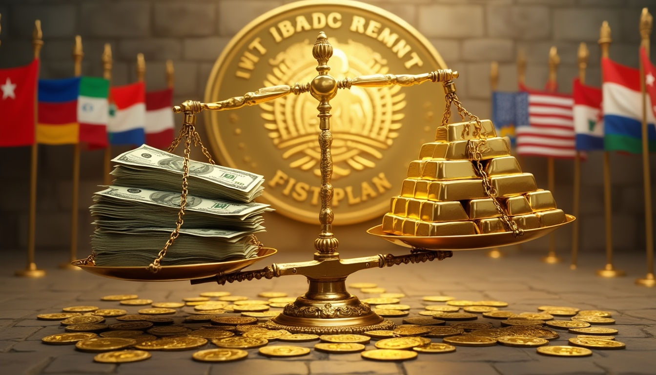 Scales balancing money and gold bars, flags in background.