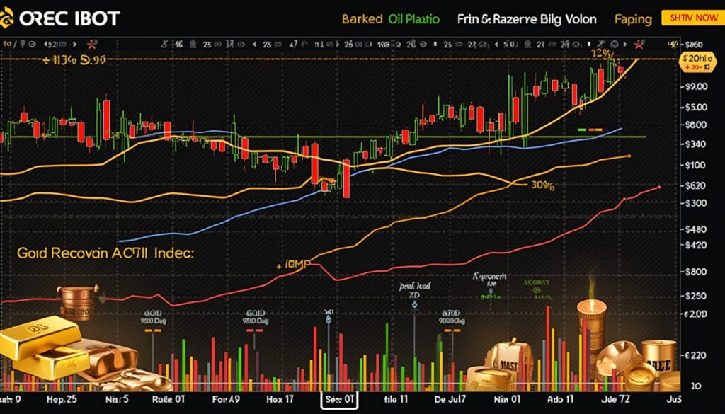 Gold price chart with candlesticks, trend lines, and gold bar images at the bottom.