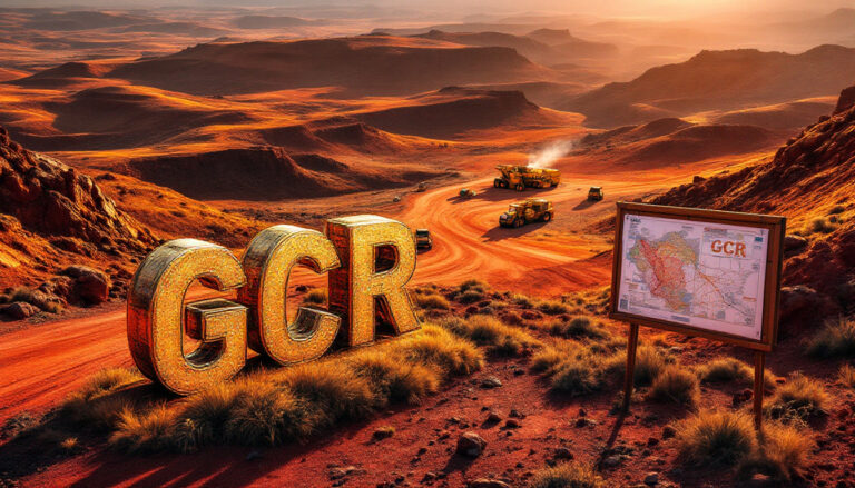 Golden Cross Resources Ltd-GCR-Giant gold letters "GCR" in a rocky, red desert with trucks and a map billboard.