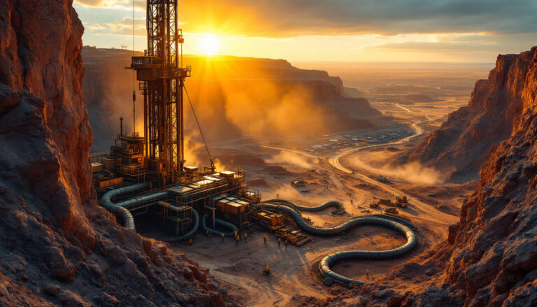 Golden Horse Mineral Chess Depositary Interests 1:1-GHM-Sunset over a desert drilling rig surrounded by rugged terrain and dust clouds.