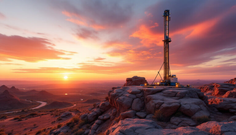 Golden Horse Mineral Chess Depositary Interests 1:1-GHM-Oil rig on a rocky landscape at sunset, with vibrant orange and purple clouds.