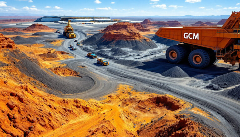 Green Critical Minerals Ltd-GCM-Heavy mining trucks operate in a vast, colorful quarry landscape with orange and gray earth formations.