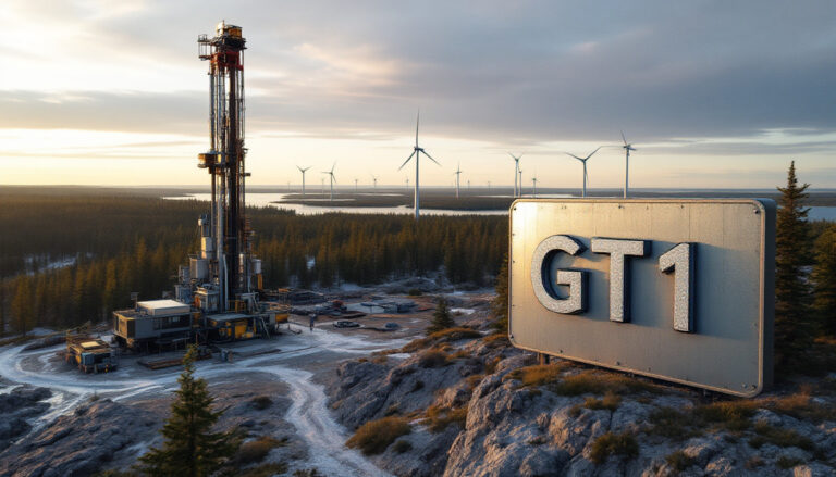 Green Technology Metals Ltd-GT1-Oil rig with "GT1" sign in the foreground, wind turbines in the background, forest landscape.