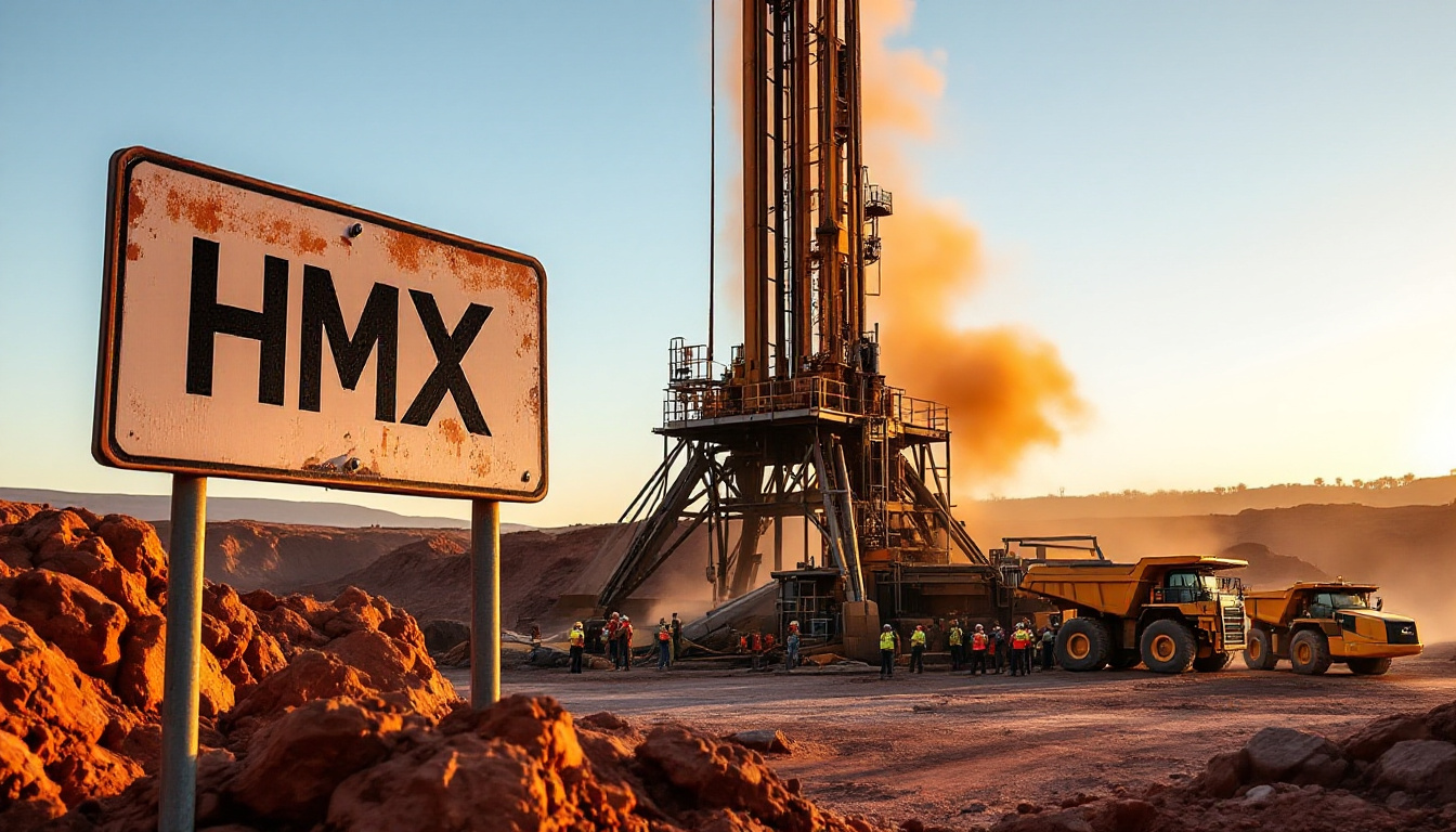 Hammer Metals Ltd-HMX-Rustic "HMX" sign by industrial site with machinery and workers at sunset.