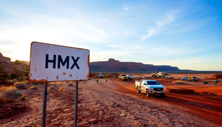 Hammer Metals Ltd-HMX-Desert landscape with "HMX" sign, trucks, and people on a dirt road at sunset.