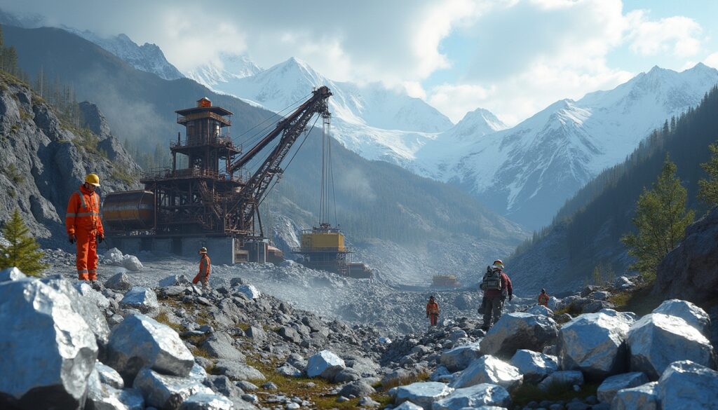 Workers in orange gear walk near a large mining machine in a mountainous landscape.