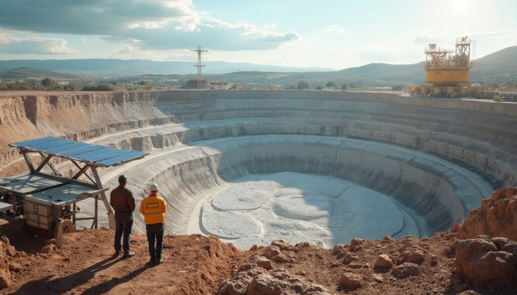 Two people observe a large, circular open-pit mine under a cloudy sky with distant mountains.