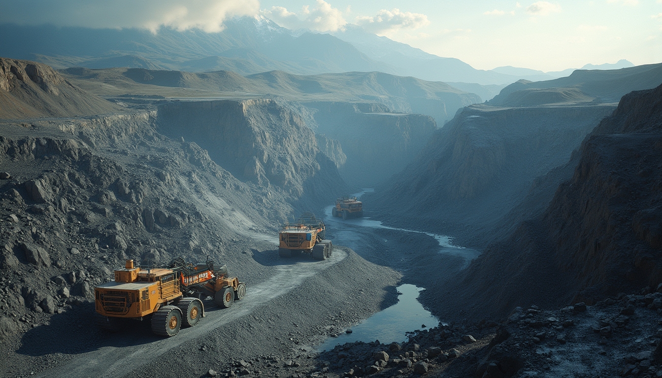 Mining trucks in steep, rocky landscape.