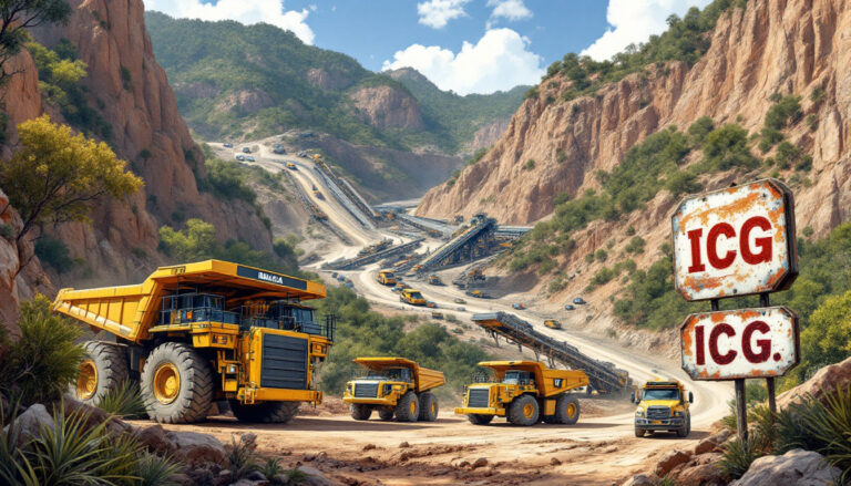 Inca Minerals Ltd-ICG-Massive trucks and machinery navigate through a rugged mountain quarry under a bright blue sky.