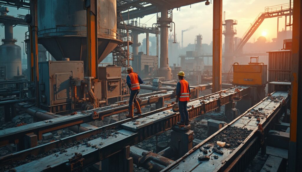 Two workers in safety gear at an industrial plant during sunrise.