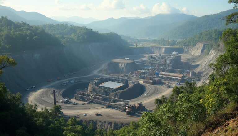 An expansive open-pit mine surrounded by lush green mountains under a cloudy sky.