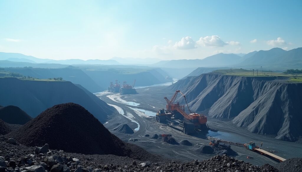 Mining site with large excavators and mounds of soil in a vast, mountainous landscape.