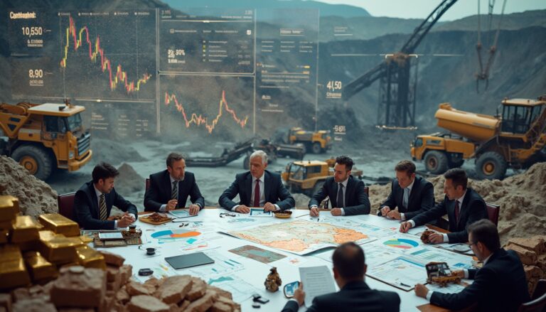 Businessmen in suits discuss mining plans at a table with charts, surrounded by construction equipment.