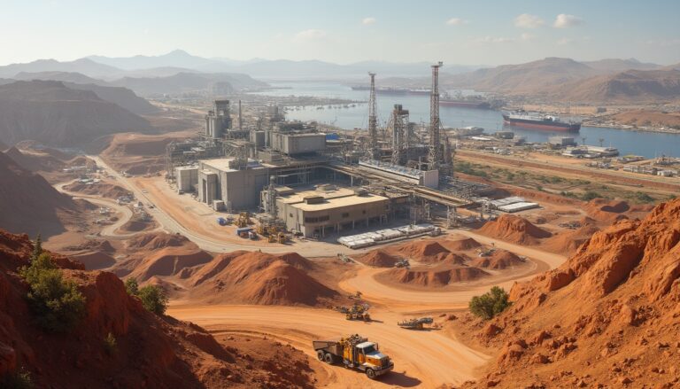 Industrial facility in a desert landscape with mountains and a waterway in the background.