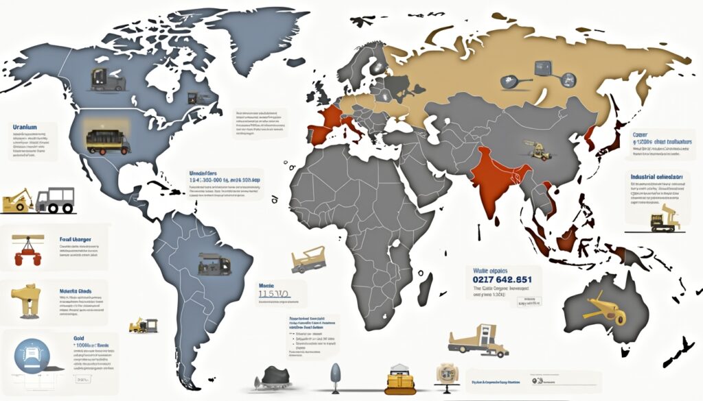 World map with icons depicting industries and resources like uranium, gold, and industrial equipment.