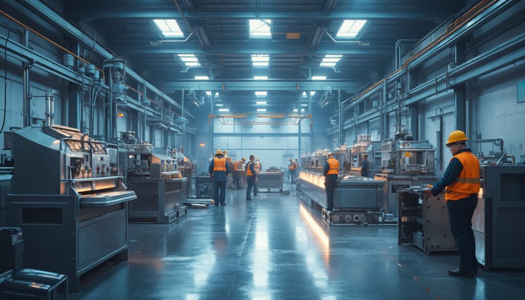 Factory workers in safety gear operate machinery in a well-lit industrial setting.