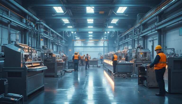 Factory workers in safety gear operate machinery in a well-lit industrial setting.