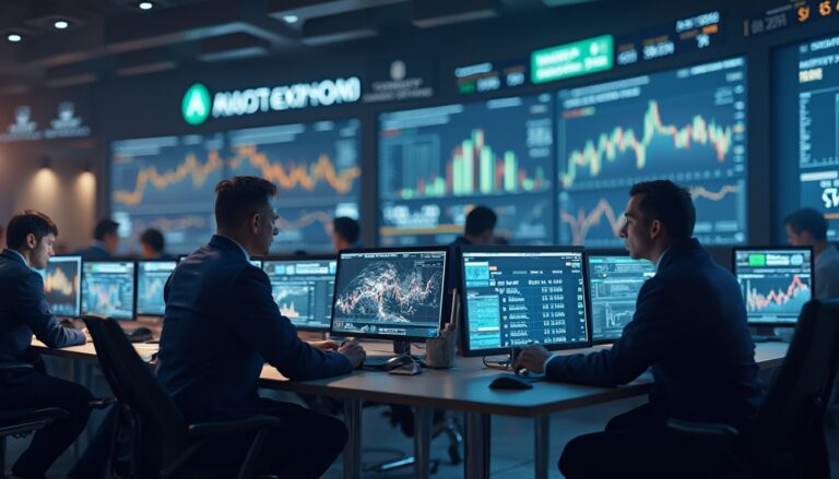 Traders analyze financial data on multiple monitors in a modern stock exchange office.