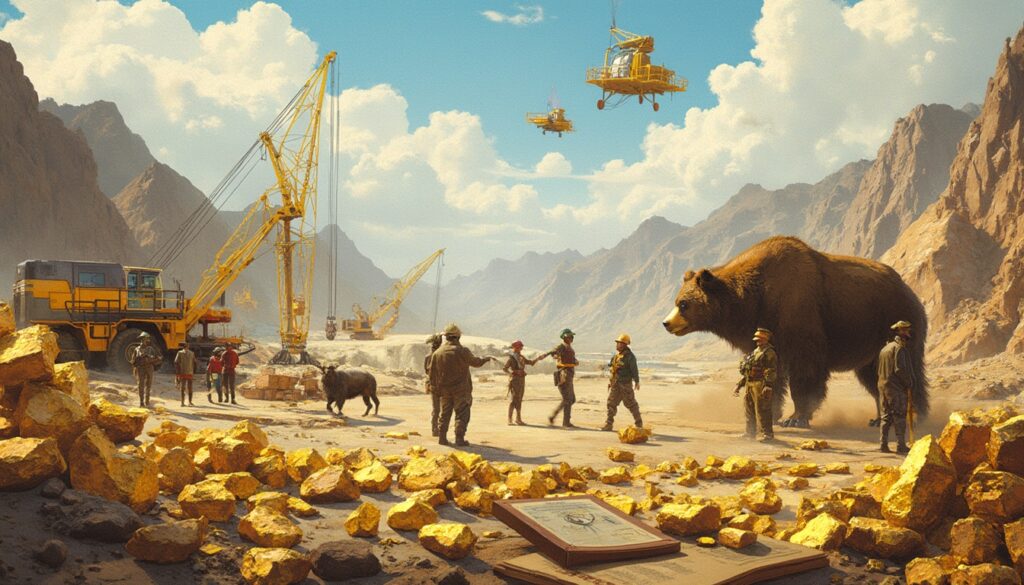 Mining scene with large bear, miners, gold nuggets, machinery, and distant rugged mountains.