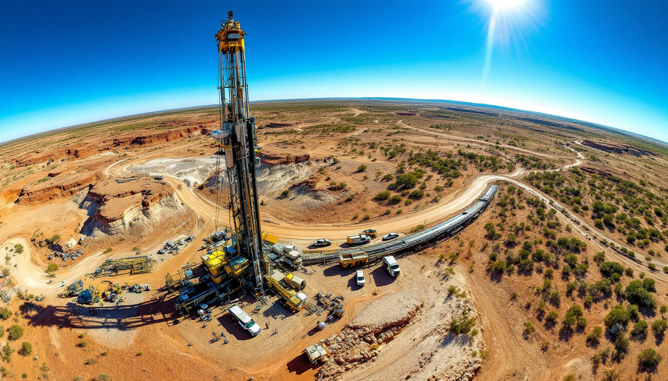 Kalgoorlie Gold Mining Ltd-KAL-Aerial view of a large drilling rig in a desert landscape under a clear blue sky and bright sun.