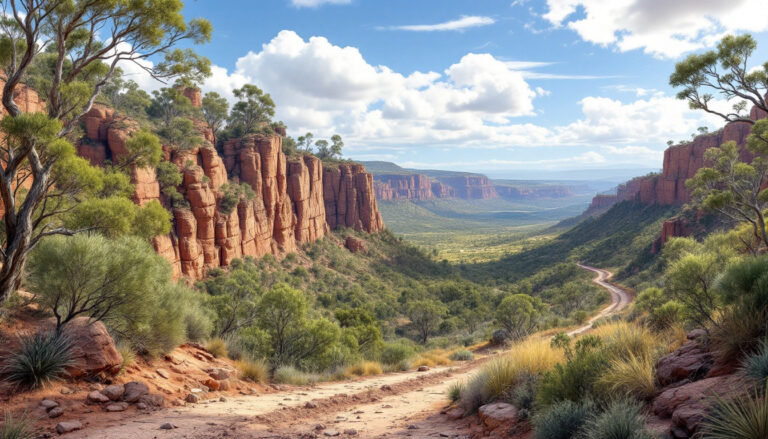 Kali Metals Ltd-KM1-Desert landscape with red cliffs, winding dirt path, green shrubs, and a blue sky with fluffy clouds.