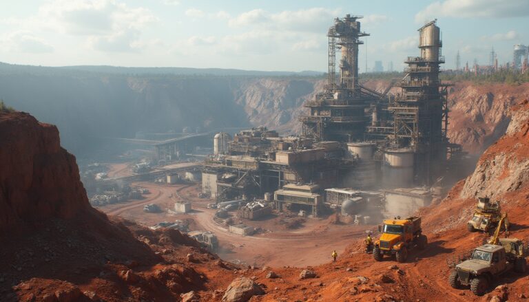 Industrial facility in a red rocky landscape with trucks and machinery in the foreground.