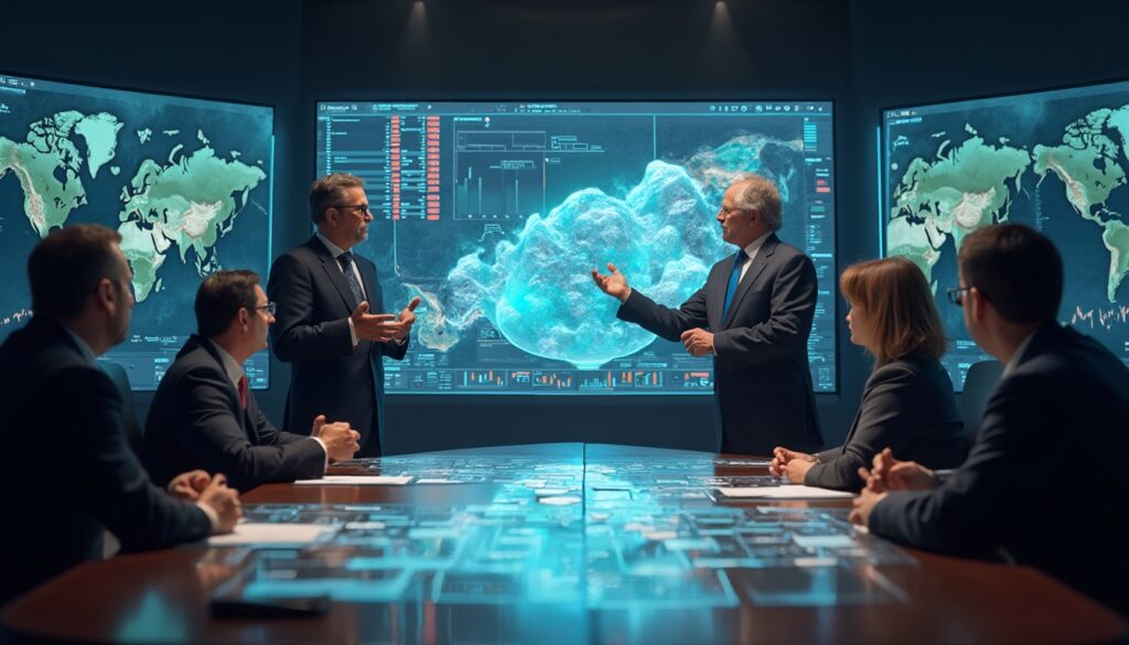 Business meeting with people discussing data on multiple screens in a high-tech conference room.