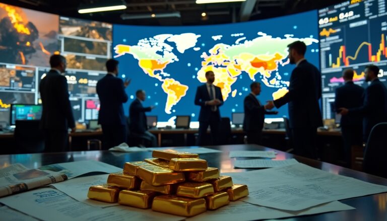 Gold bars on documents, men discussing in front of world data screens.