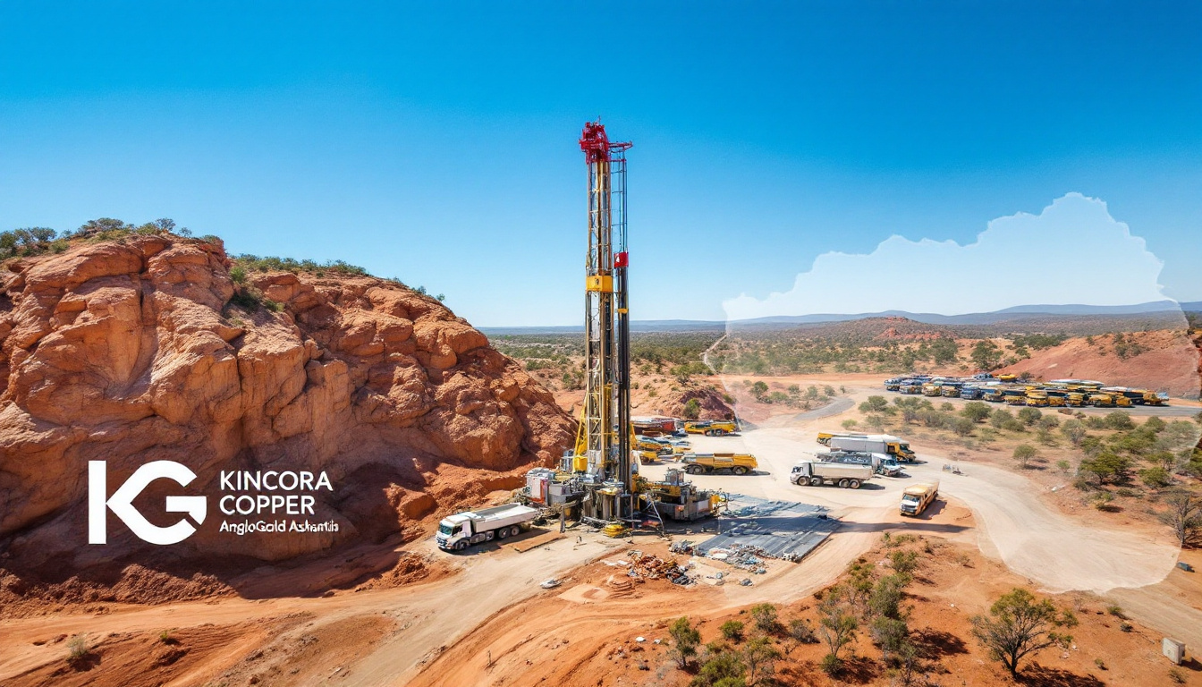 Kincora Copper Chess Depositary Interests 1:1-KCC-Mining site with drilling rig and trucks in a desert landscape, Kincora Copper logo visible.