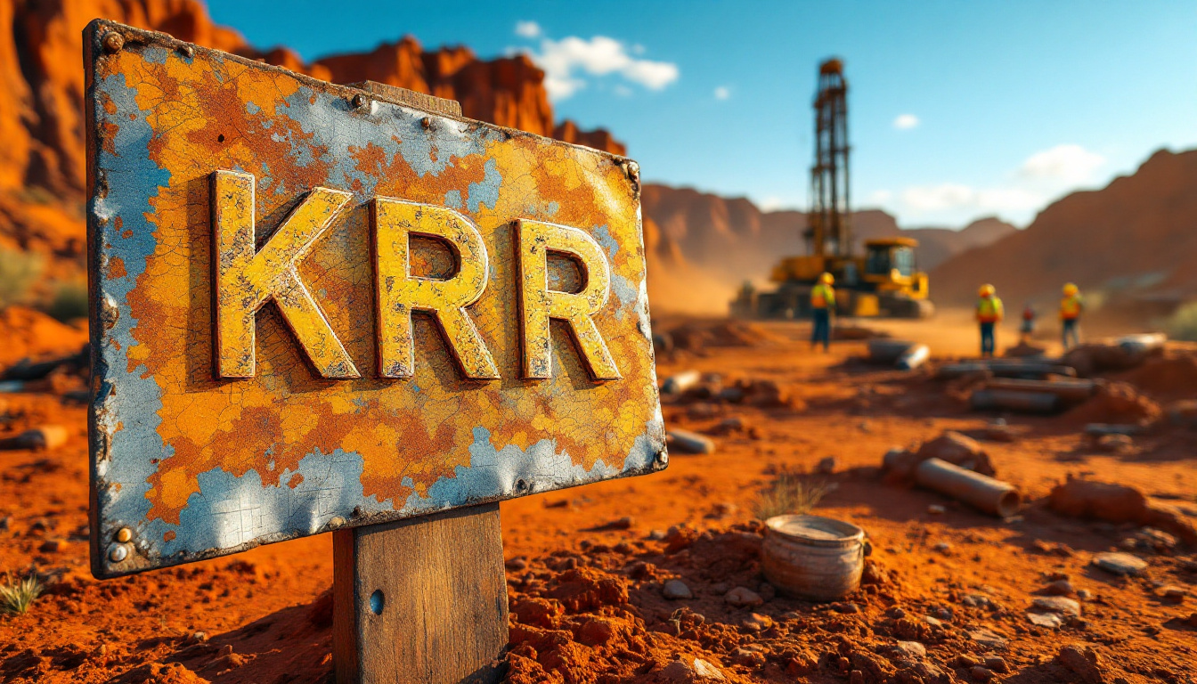 King River Resources Ltd-KRR-Rusty sign with "KRR" in an arid construction site, workers and equipment in the background.