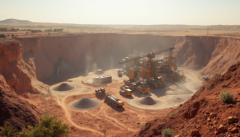 Mining operation in a large quarry with machinery and piles of gravel under a bright sky.