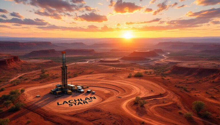 Lachlan Star Ltd-LSA-Desert landscape at sunset with an oil rig and "Lachlan Star" written in the foreground.