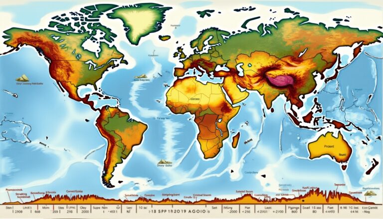 Colorful world topographic map highlighting elevation variations across continents.